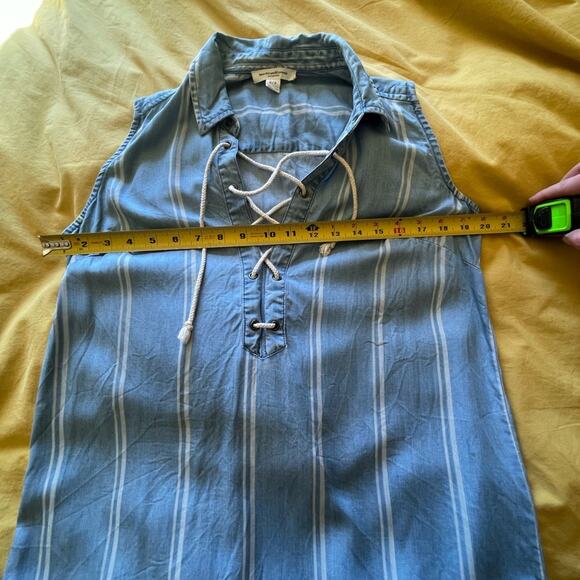BeachLunchLounge Chambray Striped Lace Up Collar Mini Sleeveless Sun Dress Small - Picture 8 of 10